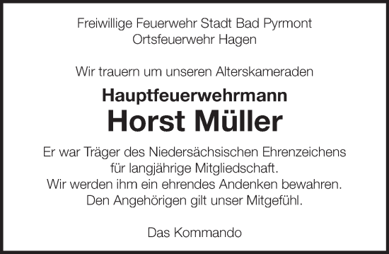 Traueranzeige von Horst Müller von Deister- und Weserzeitung