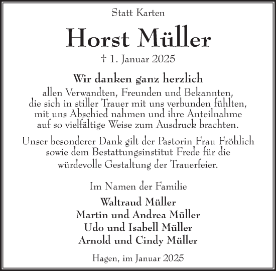 Traueranzeige von Horst Müller von Deister- und Weserzeitung