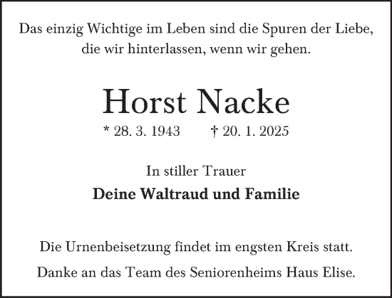 Traueranzeige von Horst Nacke von Deister- und Weserzeitung