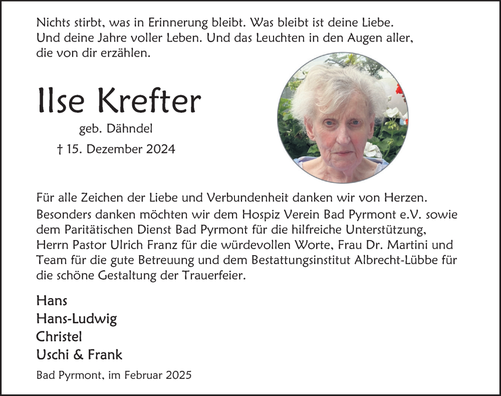  Traueranzeige für Ilse Krefter vom 01.02.2025 aus Deister- und Weserzeitung