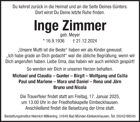 Traueranzeige von Inge Zimmer von Neue Deister-Zeitung