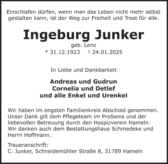 Traueranzeige von Ingeburg Junker von Deister- und Weserzeitung