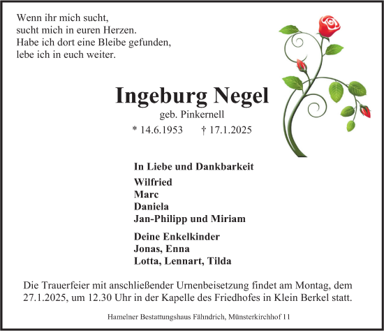 Traueranzeige von Ingeburg Negel von Deister- und Weserzeitung