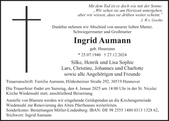 Traueranzeige von Ingrid Aumann 