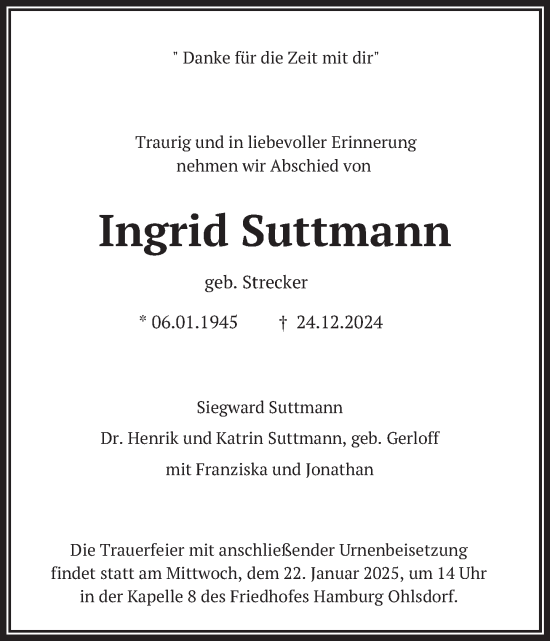 Traueranzeige von Ingrid Suttmann von Deister- und Weserzeitung