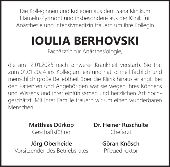 Traueranzeige von Ioulia Berhovski von Deister- und Weserzeitung