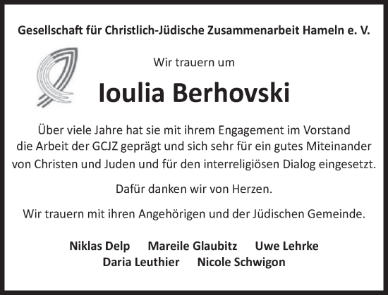 Traueranzeige von Ioulia Berhovski von Deister- und Weserzeitung