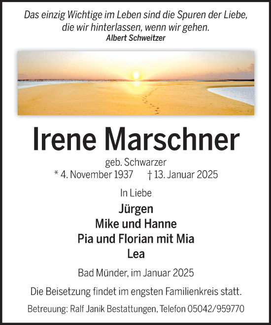 Traueranzeige von Irene Marschner von Neue Deister-Zeitung