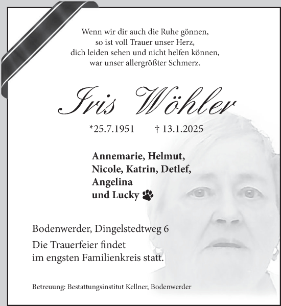 Traueranzeige von Iris Wöhler von Deister- und Weserzeitung