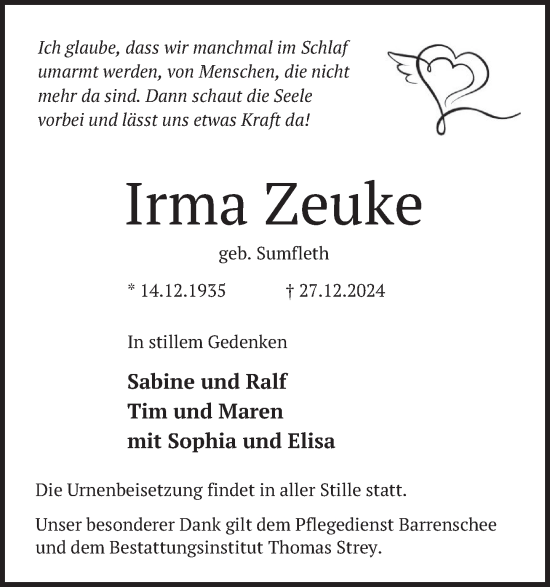 Traueranzeige von Irma Zeuke von Neue Deister-Zeitung