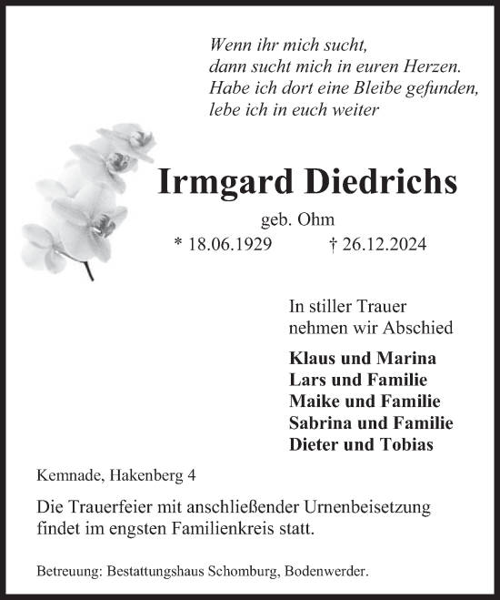 Traueranzeige von Irmgard Diedrichs von Deister- und Weserzeitung