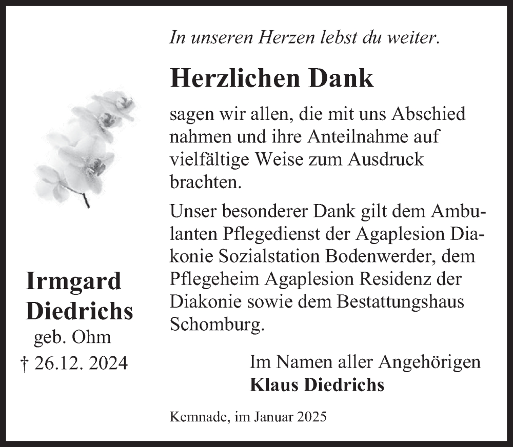  Traueranzeige für Irmgard Diedrichs vom 25.01.2025 aus Deister- und Weserzeitung