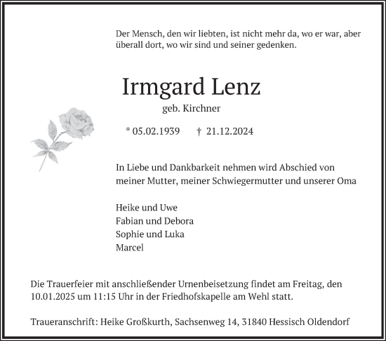 Traueranzeige von Irmgard Lenz von Deister- und Weserzeitung