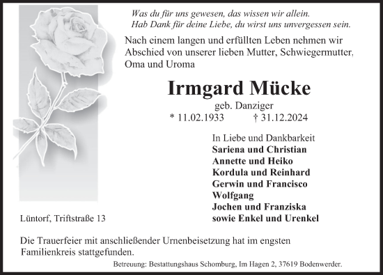 Traueranzeige von Irmgard Mücke von Deister- und Weserzeitung
