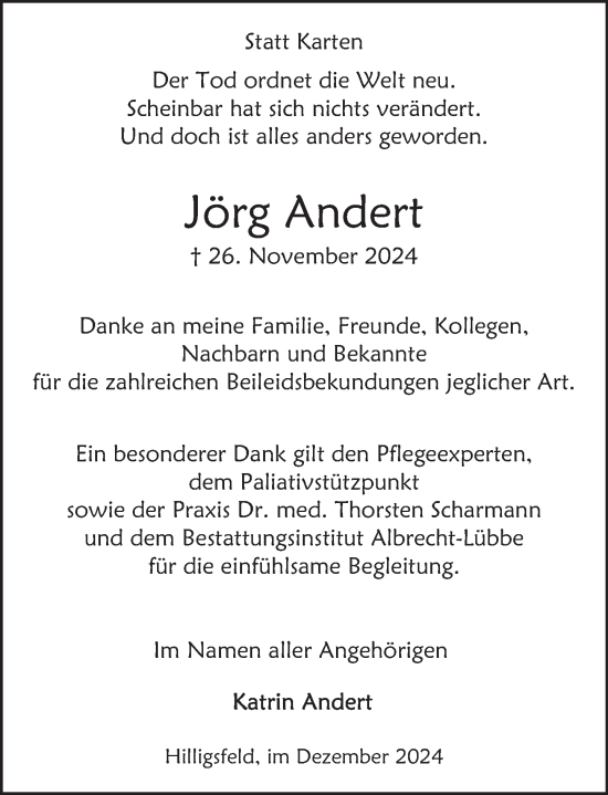 Traueranzeige von Jörg Andert von Deister- und Weserzeitung