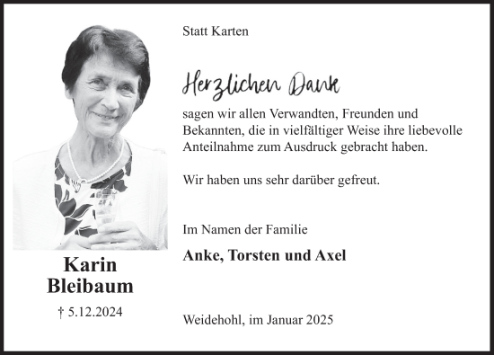 Traueranzeige von Karin Bleibaum von Deister- und Weserzeitung