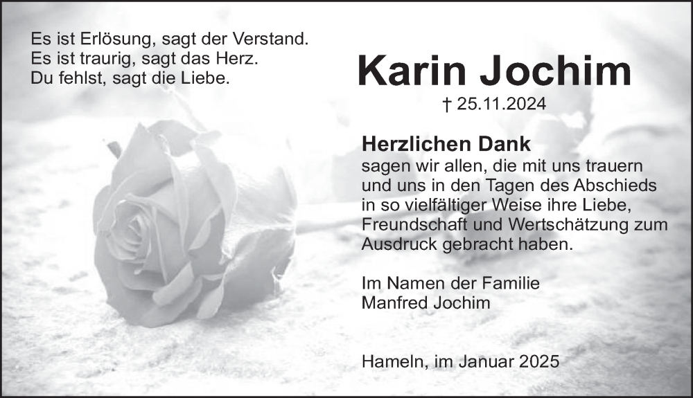  Traueranzeige für Karin Jochim vom 11.01.2025 aus Deister- und Weserzeitung