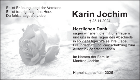 Traueranzeige von Karin Jochim von Deister- und Weserzeitung