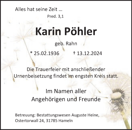 Traueranzeige von Karin Pöhler von Deister- und Weserzeitung