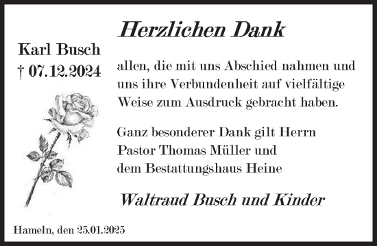 Traueranzeige von Karl Busch von Deister- und Weserzeitung