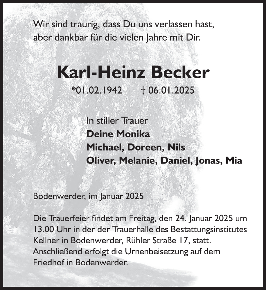  Traueranzeige für Karl-Heinz Becker vom 18.01.2025 aus Deister- und Weserzeitung
