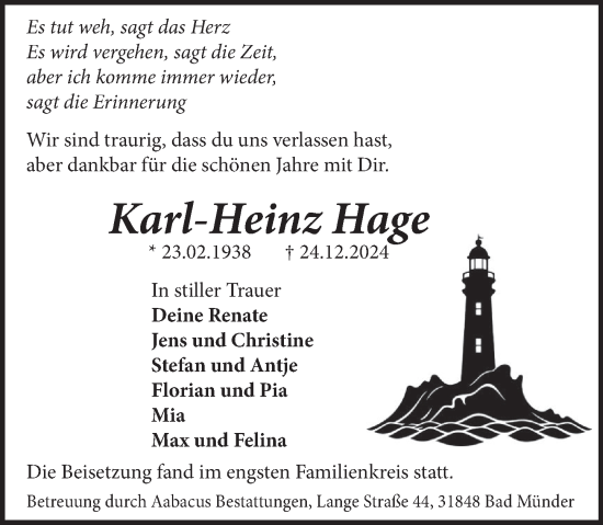 Traueranzeige von Karl-Heinz Hage von Neue Deister-Zeitung