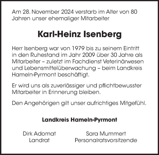 Traueranzeige von Karl-Heinz lsenberg von Deister- und Weserzeitung