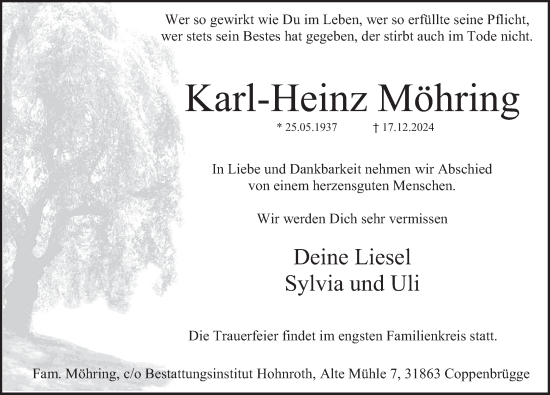 Traueranzeige von Karl-Heinz Möhring von Deister- und Weserzeitung