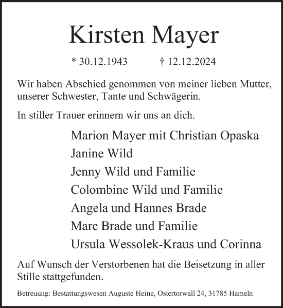 Traueranzeige von Kirsten Mayer von Deister- und Weserzeitung