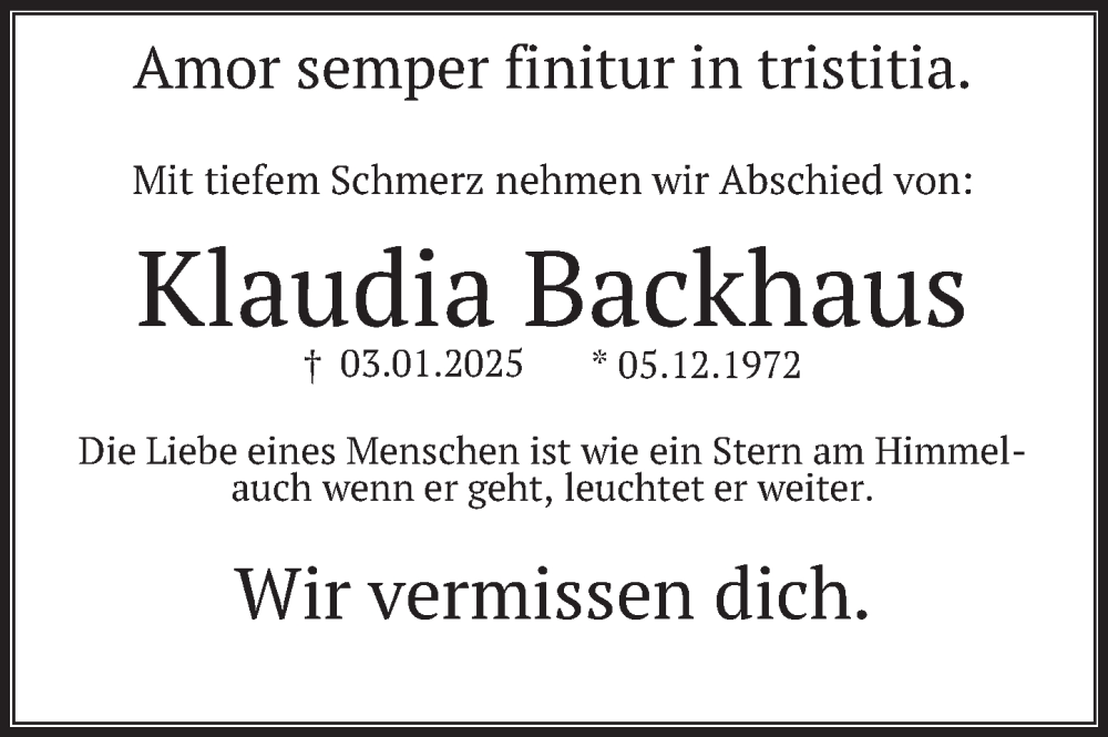  Traueranzeige für Klaudia Backhaus vom 01.02.2025 aus Deister- und Weserzeitung