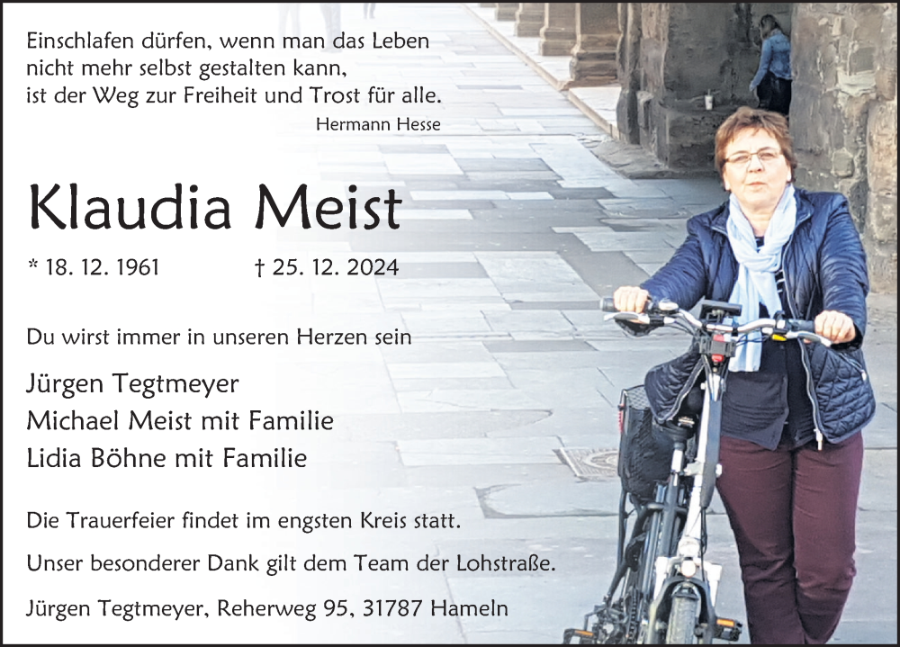  Traueranzeige für Klaudia Meist vom 11.01.2025 aus Deister- und Weserzeitung