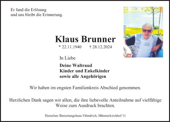 Traueranzeige von Klaus Brunner von Deister- und Weserzeitung