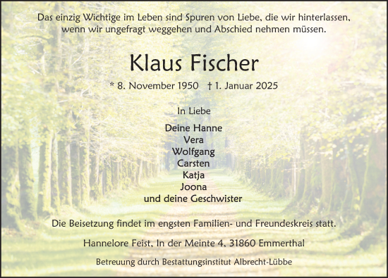 Traueranzeige von Klaus Fischer von Deister- und Weserzeitung