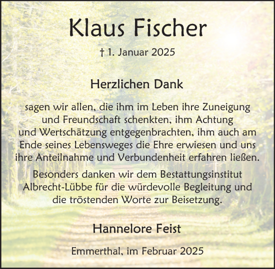 Traueranzeige von Klaus Fischer von Deister- und Weserzeitung