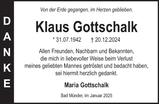 Traueranzeige von Klaus Gottschalk von Neue Deister-Zeitung