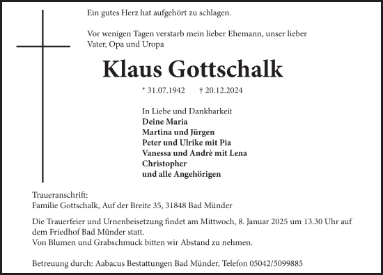 Traueranzeige von Klaus Gottschalk von Neue Deister-Zeitung