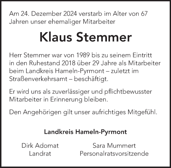 Traueranzeige von Klaus Stemmer von Deister- und Weserzeitung