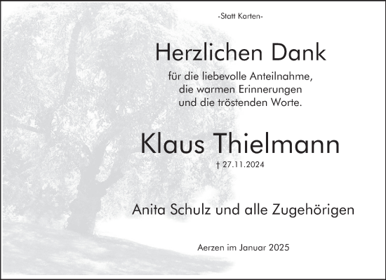 Traueranzeige von Klaus Thielmann von Deister- und Weserzeitung