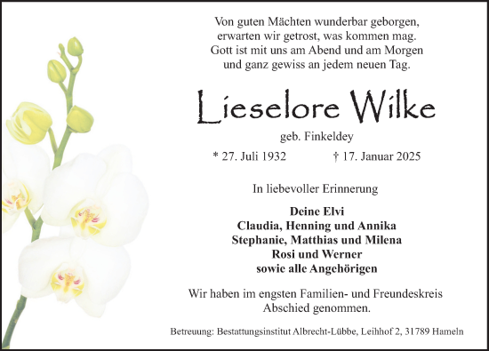 Traueranzeige von Lieselore Wilke von Deister- und Weserzeitung
