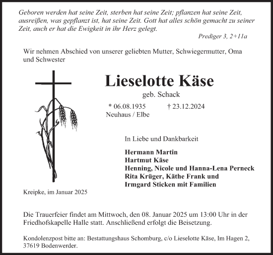 Traueranzeige von Lieselotte Käse von Deister- und Weserzeitung