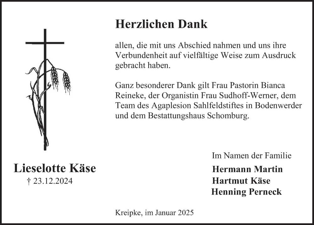  Traueranzeige für Lieselotte Käse vom 18.01.2025 aus Deister- und Weserzeitung