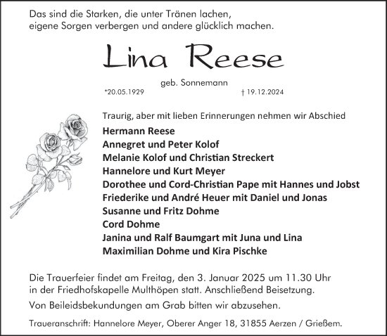 Traueranzeige von Lina Reese von Deister- und Weserzeitung