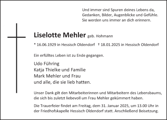 Traueranzeige von Liselotte Mehler von Deister- und Weserzeitung