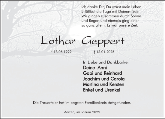 Traueranzeige von Lothar Geppert von Deister- und Weserzeitung