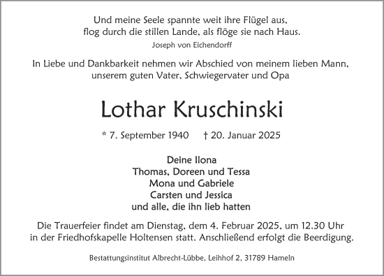 Traueranzeige von Lothar Kruschinski von Deister- und Weserzeitung