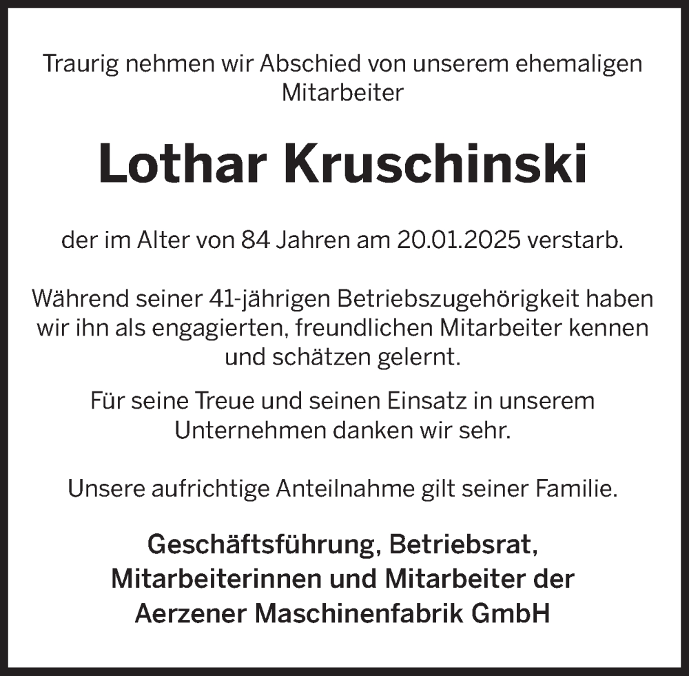  Traueranzeige für Lothar Kruschinski vom 03.02.2025 aus Deister- und Weserzeitung