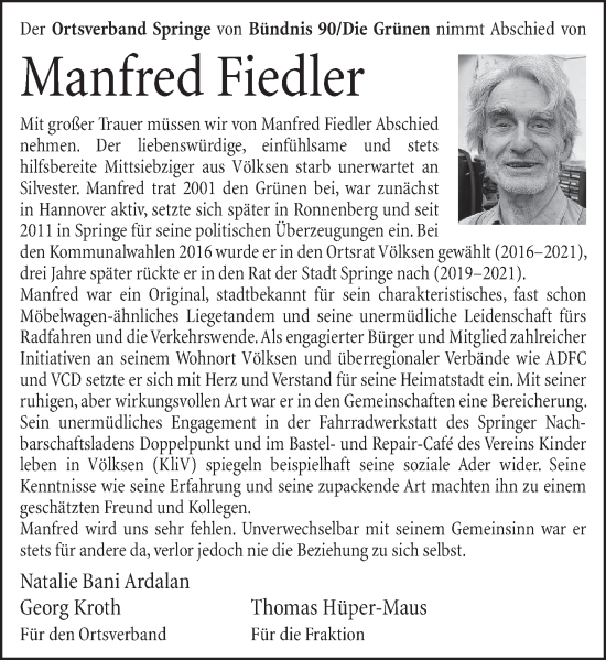 Traueranzeige von Manfred Fiedler von Neue Deister-Zeitung