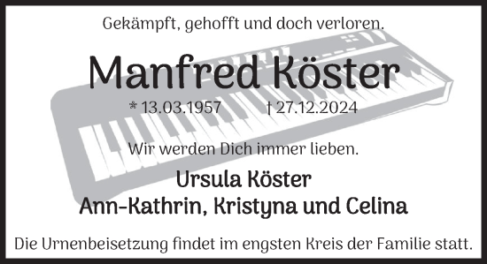 Traueranzeige von Manfred Köster von Deister- und Weserzeitung