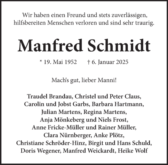 Traueranzeige von Manfred Schmidt von Neue Deister-Zeitung