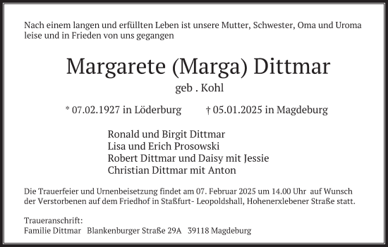 Traueranzeige von Margarete Dittmar von Deister- und Weserzeitung